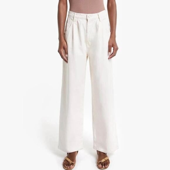 Mother Half Spring Pleated Greaser Size 25 Natural Cream Wide Crop Ankle Jeans - Picture 6 of 16